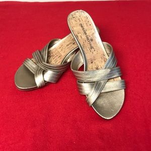 Gold sandals, barely worn with cork wedge